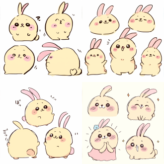 设置表情包，全身，可爱，活泼，卡通风格，情绪化，独立的ui设计应用图标uinterface新颖，细节简单，背景简单，不同动作，不同姿势，黄色身体，兔子耳朵，变成人