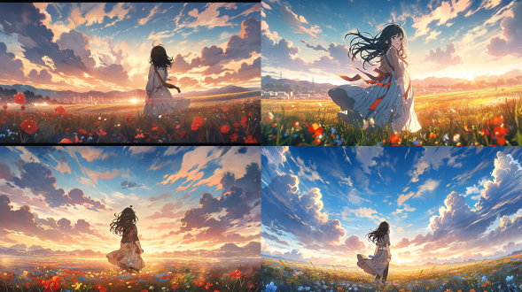 一位女生站在广泛的草原上，浓厚的云彩，多彩的天空，周围花田，宫崎骏风格，高饱和度，柔和光，广角镜头，背影，8k，超清