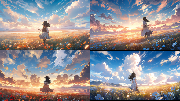 一位女生站在广泛的草原上，浓厚的云彩，多彩的天空，周围花田，宫崎骏风格，高饱和度，柔和光，广角镜头，背影，8k，超清