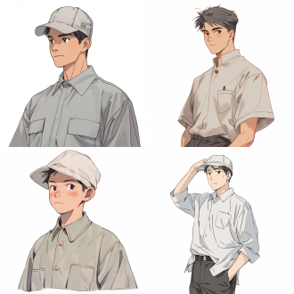 复古吉卜力风格，一个瘦削的，穿着灰色色工作服的中国老年男性，角色设计图，白色背景，niji5