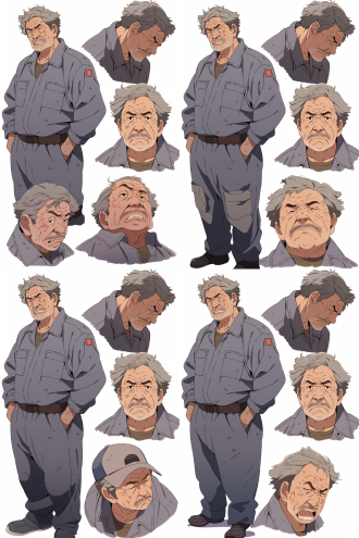 复古吉卜力风格，一个看起来脾气不好的，体型中等，灰色头发，酒糟鼻，穿着青色工作服的中国老年男性，角色设计图，细节，白色背景，niji5