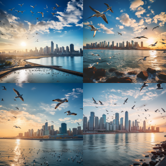 大连城市风光，海滨城市，现代建筑与自然景观融合，蓝天白云，海鸥飞翔，夕阳下的港口，长焦镜头，逆光，柔和光线，宁静，和谐，蓝色与金色交织。