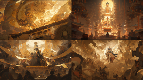 岩彩金箔山海经，精细，超绝中国敦煌壁画，神话传说，岩彩风格，超广角镜头，8k高清，壁画细节，神话人物，色彩鲜艳，历史感，神秘氛围，自然光，宏伟场景，文化传承，艺术美感。