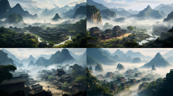 隐云村，群山环绕，云雾缭绕，古村落，神秘氛围，传统建筑，村民，古老服饰，神秘表情，广角镜头，自然光，柔和色调，静态，神秘感。