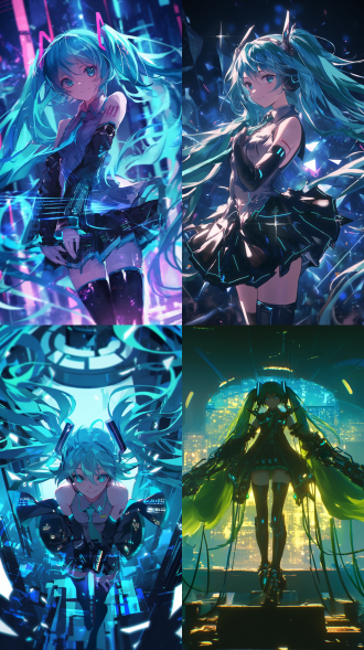 初音未来，虚拟偶像，未来感舞台，电子音乐，长发飘逸，绿色双马尾，明亮大眼，微笑表情，科技感服装，荧光绿与蓝，动感姿势，舞台灯光，绚丽背景，超现实，高饱和度，广角镜头，正面光，动态模糊，活力四射。