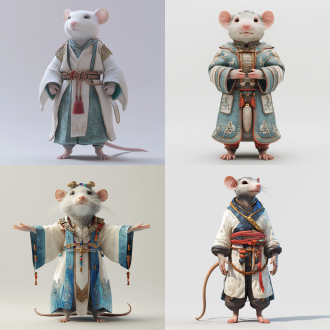 白色的背景，玉石质感，敦煌风格，站立，全身，鼠人，鼠脸，角色穿着一套敦煌风格的服装，服装以白色为主，以蓝色和红色为辅，3d，c4d，blender，高细节，高清图