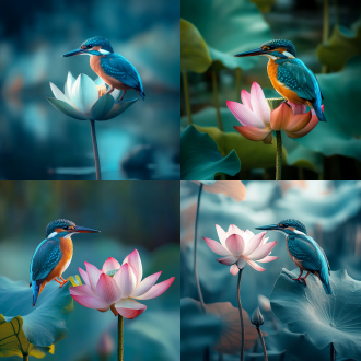 翠鸟立荷花，湿地背景，高清细节，自然光，长焦镜头，静态，生动，蓝绿色调，宁静。