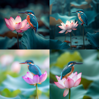 翠鸟立荷花，湿地背景，高清细节，自然光，长焦镜头，静态，生动，蓝绿色调，宁静。