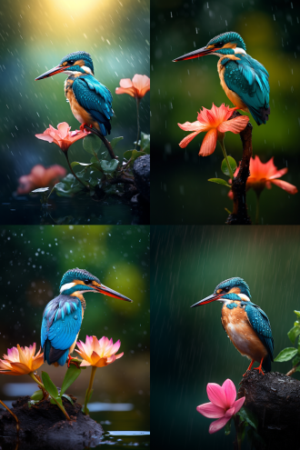 雨中翠鸟立荷花，湿地背景，高清细节，自然光，长焦镜头，静态，生动，蓝绿色调，宁静。