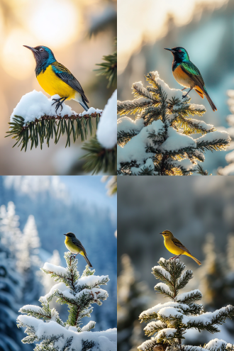 火尾太阳鸟，冷杉树尖，雪山森林背景，自然光，长焦镜头，静态生动，宁静，高饱和色彩，细节清晰，远景构图，柔和光线，生态摄影，自然和谐。