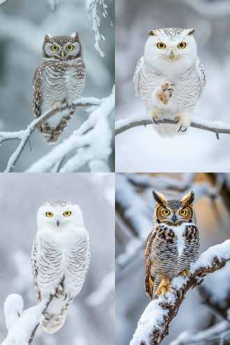猫头鹰站立雪枝，竖耳黄眼，全身雪白羽毛，中景，自然光，柔和光线，动态，温馨，宁静，中镜镜头，自然环境，丰富色彩，柔和光影，动态捕捉，温馨氛围。