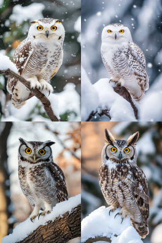 猫头鹰站立雪枝，竖耳黄眼，全身雪白羽毛，中景，自然光，柔和光线，动态，温馨，宁静，中镜镜头，自然环境，丰富色彩，柔和光影，动态捕捉，温馨氛围。