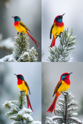 长长的火红色尾巴，火红色的背部和脖颈羽毛，翅膀，深蓝色的面颊、喉咙部位、头顶羽毛，粉红色的胸部羽毛和通体明黄色羽毛的fire-tailed sunbird，冷杉树尖，雪山森林背景，自然光，长焦镜头，静态生动，宁静，高饱和色彩，细节清晰，远景构图，柔和光线，生态摄影，自然和谐。