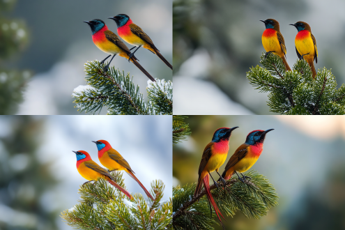 两根很长很长的火红色尾巴，火红色的背部和脖颈，褐色翅膀，深蓝色的面颊，深蓝色喉部、深蓝色头顶，粉红色的胸部,通体明黄色的fire-tailed sunbird，冷杉树尖，雪山森林背景，自然光，长焦镜头，静态生动，宁静，高饱和色彩，细节清晰，远景构图，柔和光线，生态摄影，自然和谐。