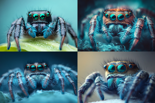 蓝绿色大眼睛，清晰可数蓝褐色绒毛，张牙舞爪跳蛛，微距，自然光，柔和光线，静态，宁静，自然环境，丰富色彩