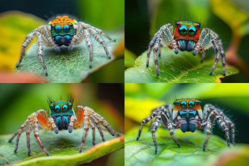 蓝绿色大眼睛，清晰可数绒毛，树叶上多彩图案的孔雀蜘蛛，微距镜头，自然光，柔和光线，静态，宁静，自然环境，丰富色彩，高分辨率，细节丰富，生态摄影，自然之美。