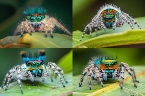 蓝绿色大眼睛，张牙舞爪，清晰可数绒毛，高高竖起多彩图案的身体后半部，树叶上的孔雀蜘蛛，微距镜头，自然光，柔和光线，静态，宁静，自然环境，丰富色彩