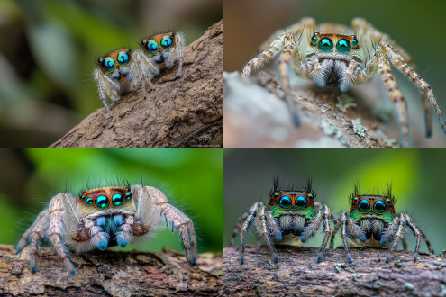 蓝绿色大眼睛，张牙舞爪，清晰可数绒毛，90度竖起多彩图案的身体后半部，左右后腿肢上举，树枝上的2只对峙打斗孔雀蜘蛛，微距镜头，自然光，柔和光线，静态，宁静，自然环境，丰富色彩后