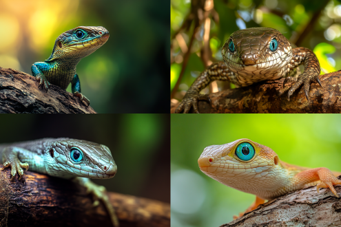 蓝绿色大眼睛，张牙舞爪，清晰可数棱甲，高高昂起多彩上体，长长的尾巴，树枝上树蜥，广角镜头，自然光，柔和光线，静态，宁静，自然环境，丰富色彩