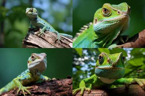 蓝绿色大眼睛，清晰可数棱甲，高高昂起多彩上体，长长的尾巴，树枝上白唇树蜥，广角镜头，自然光，柔和光线，静态，宁静，自然环境，丰富色彩，细节丰富，生态摄影，自然主题，色彩鲜艳，环境融合，生物特征，自然之美。