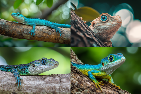 蓝绿色大眼睛，清晰可数棱甲，高高昂起多彩上体，长长的尾巴，全身卧在树枝上，白唇树蜥，中焦镜头，自然光，柔和光线，静态，宁静，自然环境，丰富色彩，细节丰富，生态摄影，自然主题，色彩鲜艳，环境融合，生物特征，自然之美。