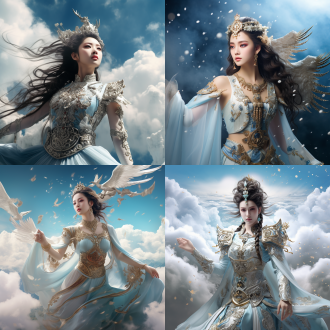 soaring on clouds and mist, mythology, immortals, the luo shen, adorned with magnificent headpieces, dreamlike and ethereal, film simulation, high-definition, cinematic lighting, eyes adorned with stars, light blue background, whitening effect, 32k, and a diamond-encrusted bracelet on the arm.