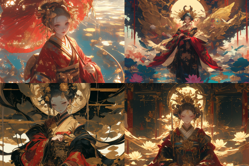 日本花魁荷塘，深红金色服饰，细节丰富，云海环绕，传统元素，动漫美学，对称构图，柔和光线，广角镜头，静谧氛围，雍容华贵，细腻质感。