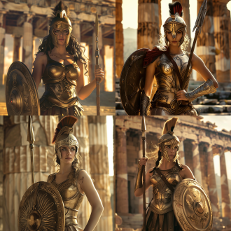 雅典娜女神，庄严站立，身披战甲，手持盾牌与长矛，眼神坚定，智慧光芒四射，背景为古希腊神殿，细腻光影，高分辨率，广角镜头，自然光，动态平衡，神圣氛围，冷暖色调交织，勇气与智慧并存。