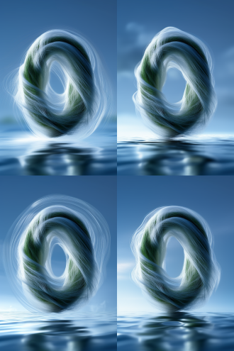 数字0，丝线，绿色，用丝线做成的数字0，松弛的丝线很细很长，丝线很多很密集，丝线环绕，浅蓝色背景干净整洁，有平静的水面，数字0在画面里占比60%左右的空间，c4d渲染，超真实，超清晰，4k画面