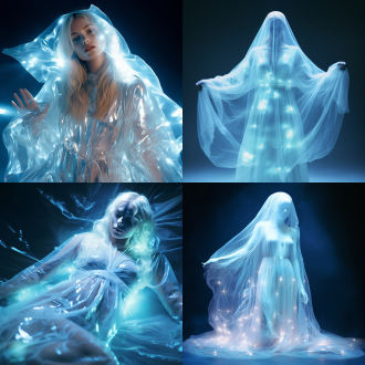 全息美女漂浮，超大冰长袍，浅蓝面料，长发披背，黑色背景，80年代复古电影风格，3:2比例，高光闪烁，超现实，未来感，冷色调，高清画质，动态模糊，神秘氛围。