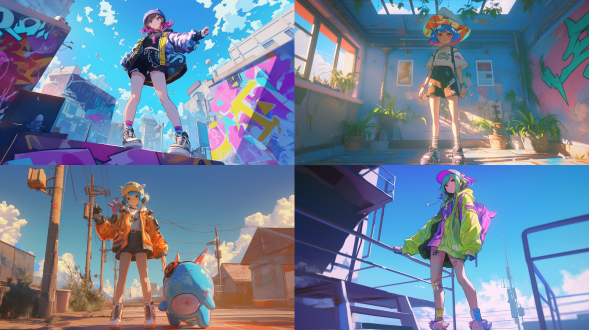 女孩手持双手和帽子，全身像，村上隆风格，公司朋克，毛绒娃娃艺术，彩色动画剧照，garage kit，二次元，2d游戏美术，可爱多彩，ip，3d，blender，虚幻引擎，16k，oc设计，电影灯光，明暗对比，细节，艺术获奖，浅色，uhd，3d渲染，照片级真实设计，4:3比例，表现力强，细节丰富，色彩鲜艳，情感丰富。