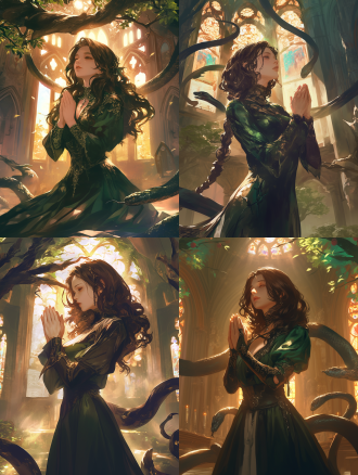 伊甸园风格教堂，墨绿连衣裙女子祈祷，深棕长发，浅棕蛇瞳，苹果树，蛇环绕，神性与邪性共生，美丽腐烂，广角镜头，柔和光线，室内场景，暖色调，神秘氛围，矛盾情感。