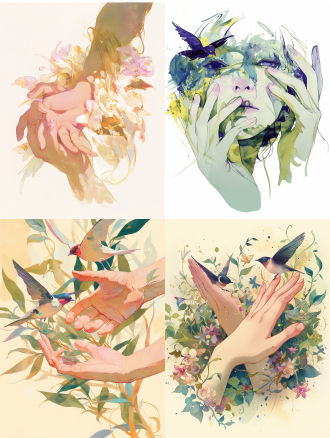 水彩画，新中国风格，东方美学，软骨画，梦幻画，印象派，彩钱效果，色彩清新，纤细的手在天空中，燕子随意飞翔，手缠绕如风吹过指间，梦幻画，飘逸，绿、黄、粉、白，白色的空间给人以空间感，空间密度和对比，极具装饰性的图形插图，手绘水彩画，水墨画，装饰画，岩画，丹麦时尚插画家anine cecilie iversen，巴黎新兴插画家alexandre benjamin nave，平面清新的绘画，纹理，高分辨率，超高质量