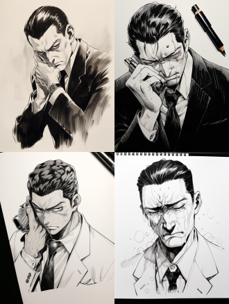 高细节黑白墨水，黑白细线笔，正面，中景，素描，哭泣的帅哥，射击枪，华丽西装，拿香烟，美丽疲倦脸，动态姿势，游戏风格，柘植芳晴风格，连环画戏剧性，华丽冷酷，《教父》场景，1920年代上海，悲伤神秘美人，湿碰湿交融，详细人群场景，富有表现力面部，黑白对比，高细节，动态模糊，侧光，广角镜头，冷色调，紧张情绪。