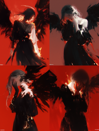 红黑色调，厚涂人物，燃烧的身体，抽象艺术，情绪，侘寂风，暗黑风格，高对比度，长着黑色的翅膀，高对比度，暗色系，广角镜头，逆光，动态模糊，紧张，压抑