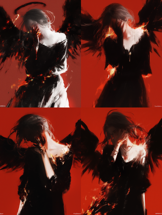 红黑色调，厚涂人物，燃烧的身体，抽象艺术，情绪，侘寂风，暗黑风格，高对比度，长着黑色的翅膀，高对比度，暗色系，广角镜头，逆光，动态模糊，紧张，压抑