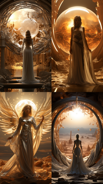 银色天使形象，悬浮球体，幻想沙漠景观，80年代动漫风格，宫殿，粉彩哥特美学，超现实，硬软光对比，y2k梦核，拼贴艺术，柔和色彩，梦幻氛围，天使表情宁静，沙漠细节丰富，宫殿宏伟，广角镜头，侧光，高动态范围，梦幻，神秘。