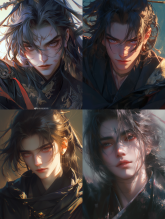 一个令人惊叹的男性上半身肖像，额头系着缎带，黑色高马尾，汉服，黑色斗篷，正面视图，bjd娃娃特征，长睫毛，大眼睛，双眼皮，深情的微笑，犬齿，男性焦点，脸上温暖的阳光，中国传统艺术，写实动漫风格，插图风格，动态姿势，饱和，黑色和红色。柔和的光线，强烈的对比，高品质，杰作，高清，8k