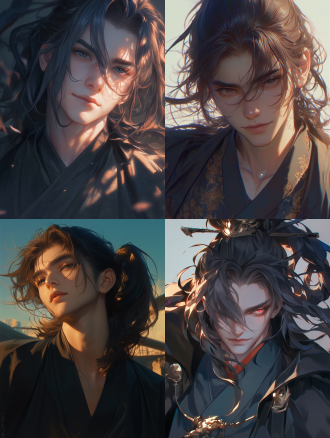 一个令人惊叹的男性上半身肖像，额头系着缎带，黑色高马尾，汉服，黑色斗篷，正面视图，bjd娃娃特征，长睫毛，大眼睛，双眼皮，深情的微笑，犬齿，男性焦点，脸上温暖的阳光，中国传统艺术，写实动漫风格，插图风格，动态姿势，饱和，黑色和红色。柔和的光线，强烈的对比，高品质，杰作，高清，8k