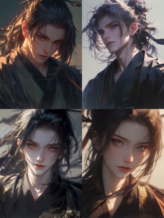 一个令人惊叹的男性上半身肖像，额头系着缎带，黑色高马尾，汉服，黑色斗篷，正面视图，bjd娃娃特征，长睫毛，大眼睛，双眼皮，深情的微笑，犬齿，男性焦点，脸上温暖的阳光，中国传统艺术，写实动漫风格，插图风格，动态姿势，饱和，黑色和红色。柔和的光线，强烈的对比，高品质，杰作，高清，8k