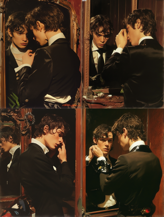 穿黑色西装的男人，正式着装，镜子反射，多重反射，室内场景，超现实主义风格，美国黄金时代插画风格，波浪状头发，清晰的西装线条，光滑皮肤，柔和光线，神秘氛围，昏暗房间，伦勃朗光