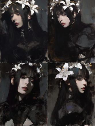 女性肖像、精致头饰，蕾丝元素，百合花，长发，柔和光线、忧郁气质，复古氛围，细腻肌肤质感，暗黑系、神秘主义、抽象艺术、金属质感、荆棘元素、破碎感、扭曲形态、黑白灰为主色调、奇幻风格、超现实氛围、粗糙笔触，暗调为主、深黑背景、冷色调肌肤、深蓝与黑色服装、白色蕾丝点缀、少量亮色高光、烟熏色调、压抑氛围、色彩对比强烈、柔和过渡色彩、颓废风格配色