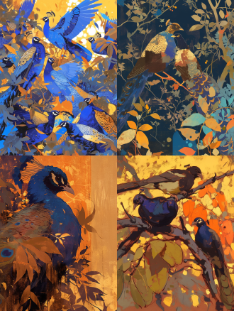 “麻雀看见孔雀负担着它的翎尾。替它担忧。”leon bakst，克莱因蓝和橙色，georges seurat的风格，彩色温暖的光斑，冷暖，明暗，强对比，色粉pestal，