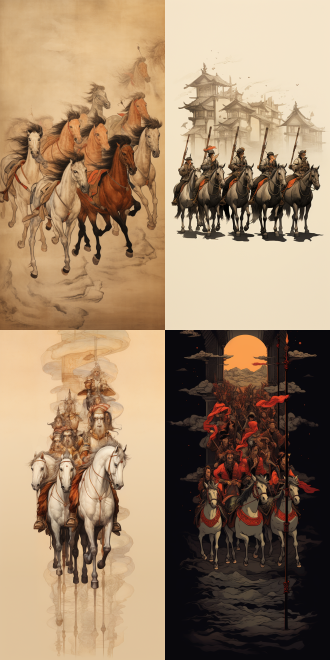 eight mianyang are riding on the backs of eight fine horses, standing in a row on a wide street.4:3的画幅