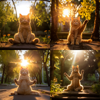 橘色猫咪弓背瑜伽，夕阳余晖，长影映衬，公园绿荫，宁静祥和。广角镜头，逆光，慢快门，柔光，自然环境，放松，橘色调，和谐。