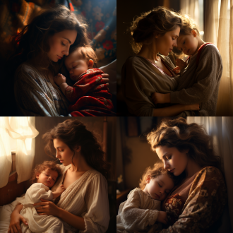 宝宝熟睡，妈妈亲吻，温馨场景，柔和灯光，低角度，浅景深，室内，暖色调，长焦镜头，自然光，静态，亲密，安心。