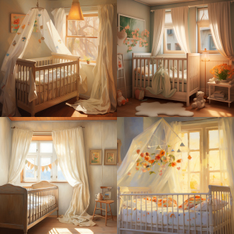 宝宝熟睡，婴儿床，白色床品，彩色风铃，温馨，自然光，柔和光线，宁静，安全，舒适，温馨色调，柔和表情，平静，安详。