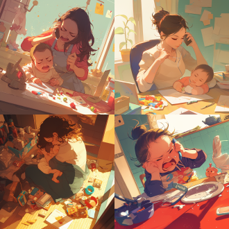 宝妈忙碌，安抚宝宝，宝宝表情不悦，妈妈边打电话边冲奶，牛奶洒落，玩具散乱，艺术感强，细节清晰，广角镜头，室内环境，暖色调，侧光，快速快门，紧张氛围，凌乱美。