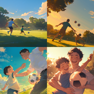 父子踢球，绿地公园，夕阳西下，温馨浪漫，亮丽色彩，细节刻画，广角镜头，自然光，欢呼，开心，亲情，夏日炎炎。