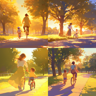 母子公园步道，宝宝学骑车，夕阳余晖，温馨浪漫，细节动人，逆光拍摄，长焦镜头，色彩鲜艳，柔和光线，欢笑，亲情，温暖色调。